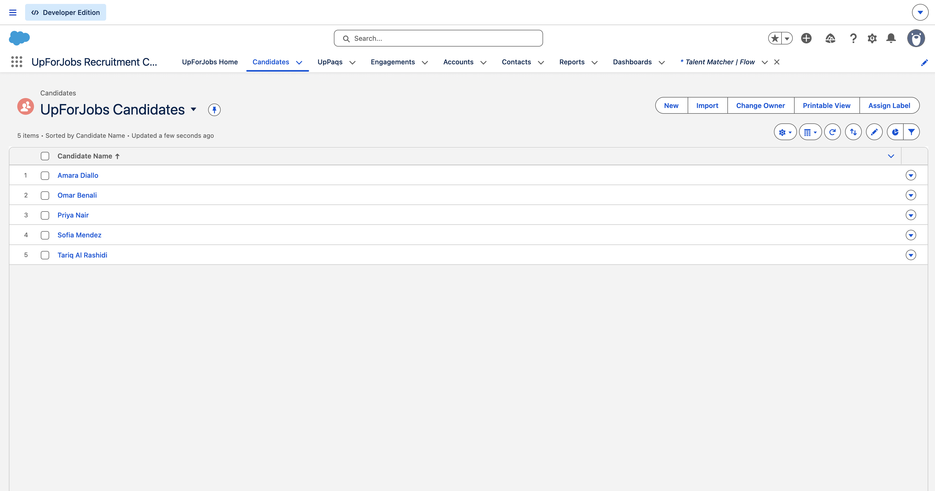 UpForJobs Candidates List View