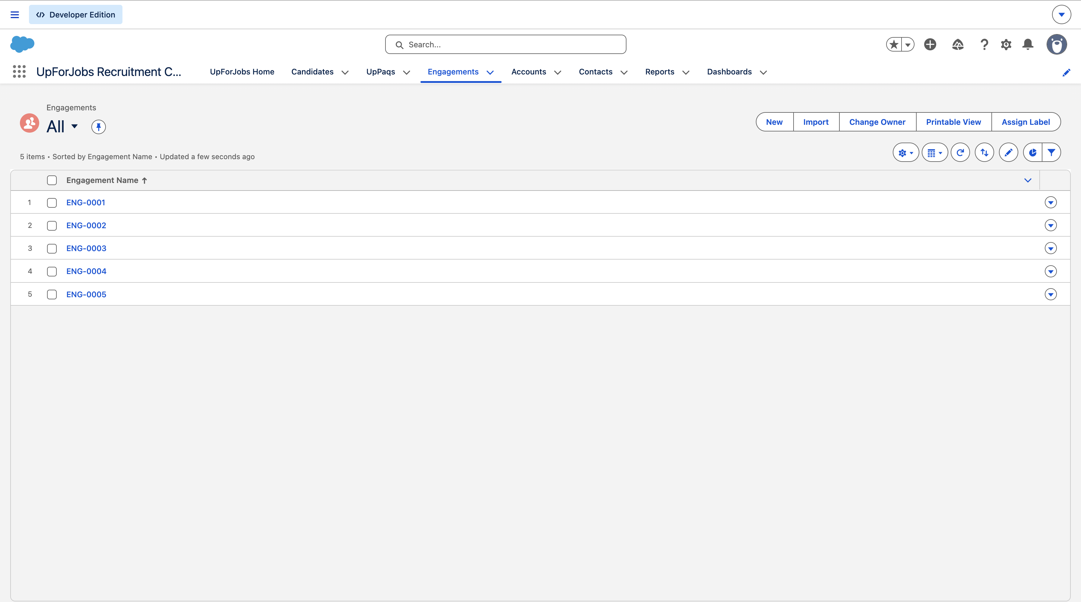 UpForJobs Engagements Pipeline List View