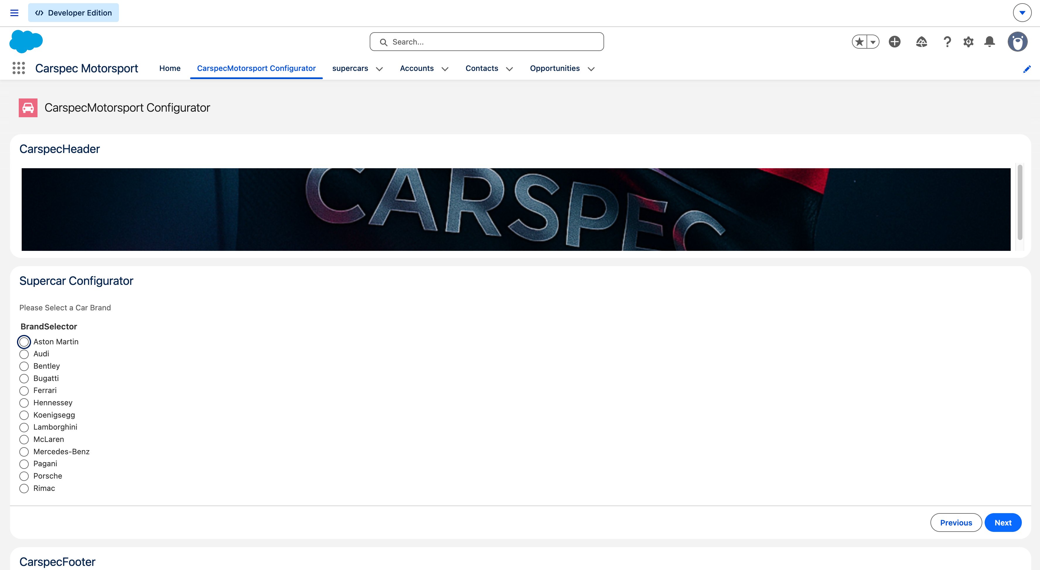Carspec Supercar Configurator — Brand Selector