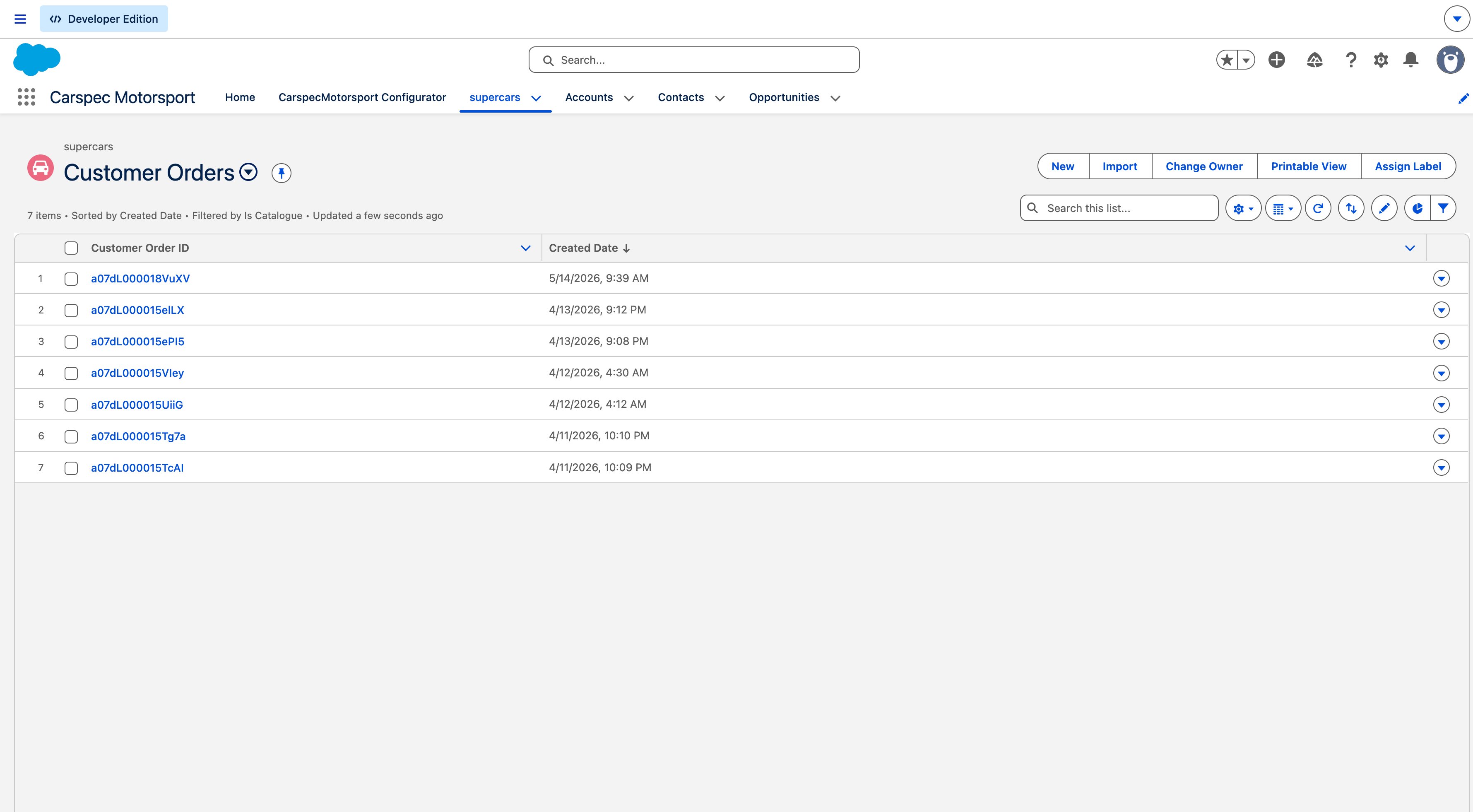 Carspec Customer Orders List View